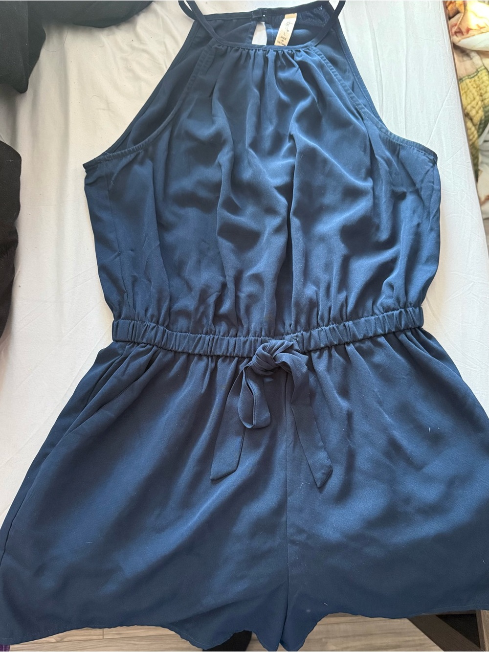 Navy Halter Neck Romper with Waist Tie